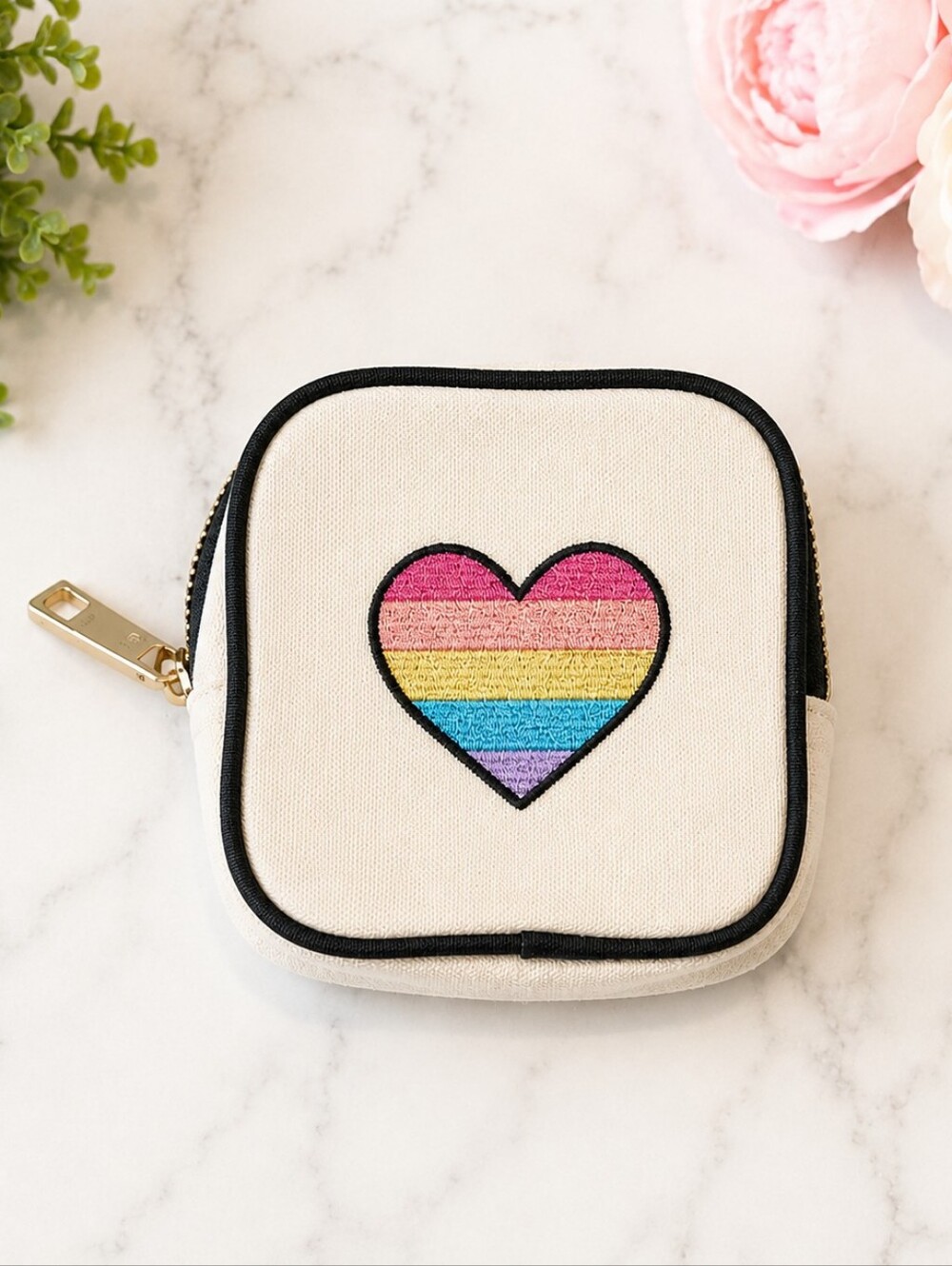 Handmade Canvas Heart Zip Pouch - Cream with Rainbow Heart